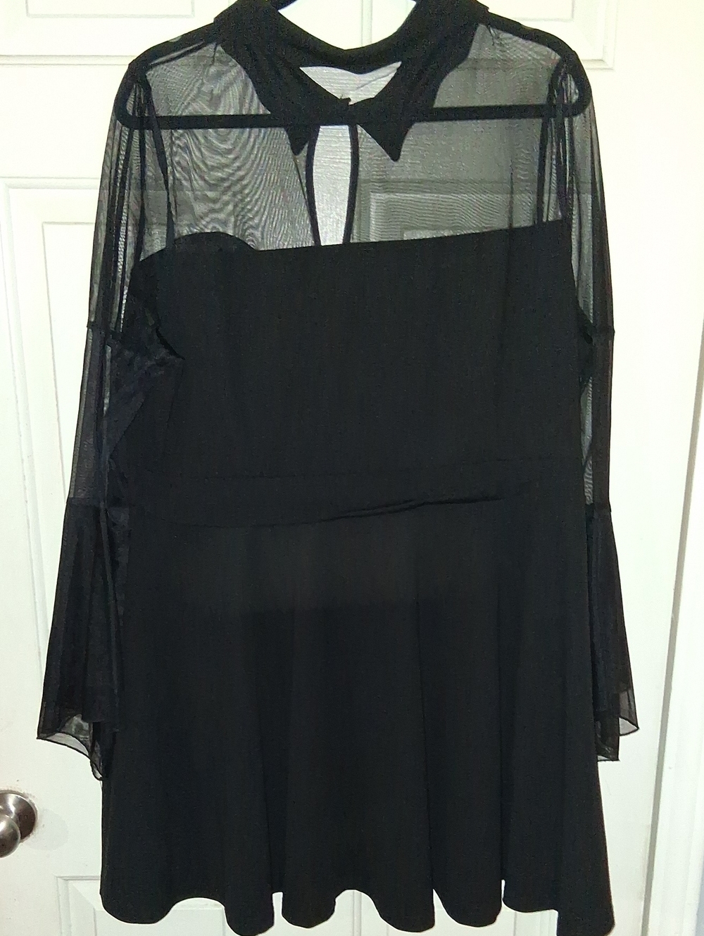Sheer Yoke Black Long-Sleeve A-Line Dress